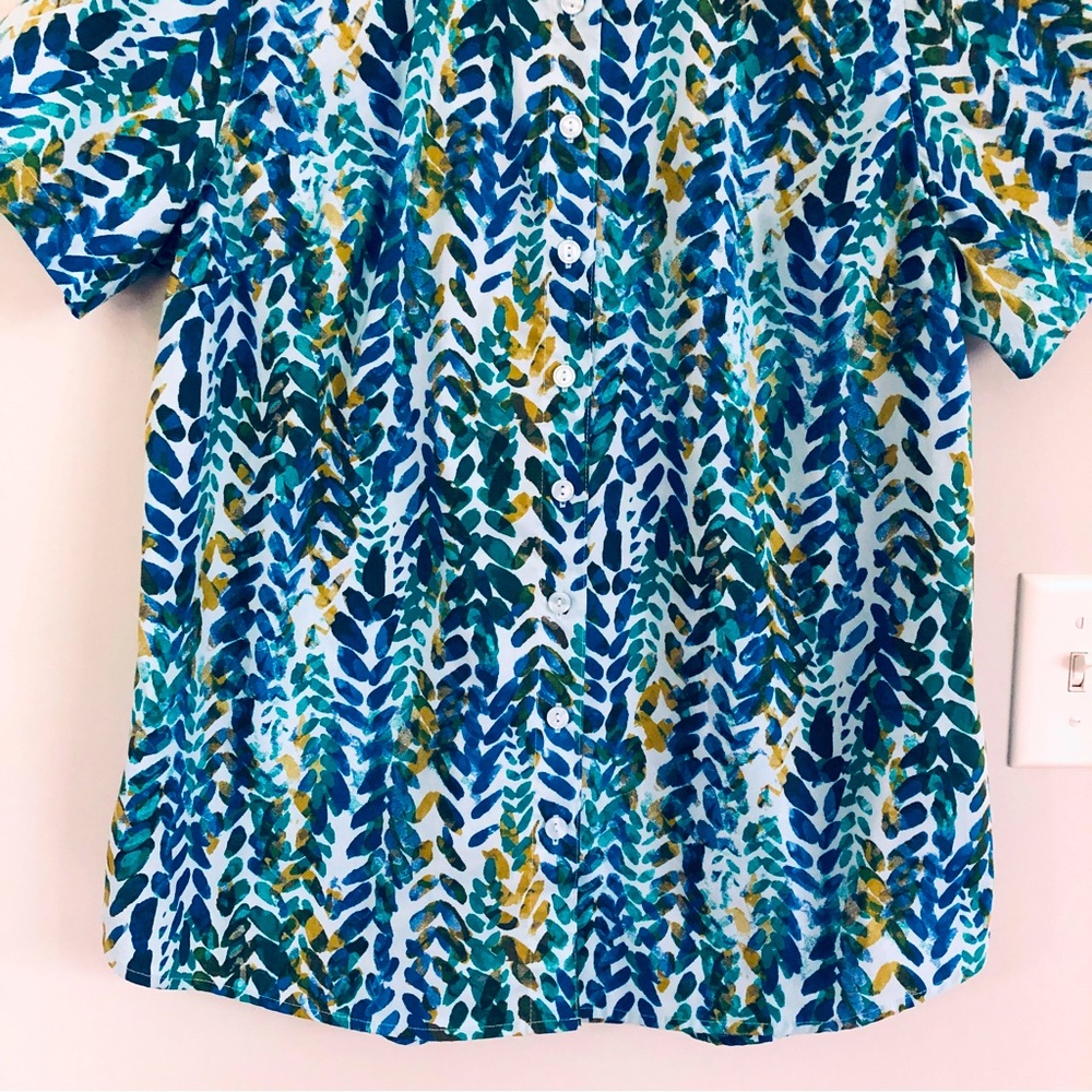 Denim & Co. Printed Button Front Shirt in Blue Leaf Multi, Size M - Picture 7 of 15